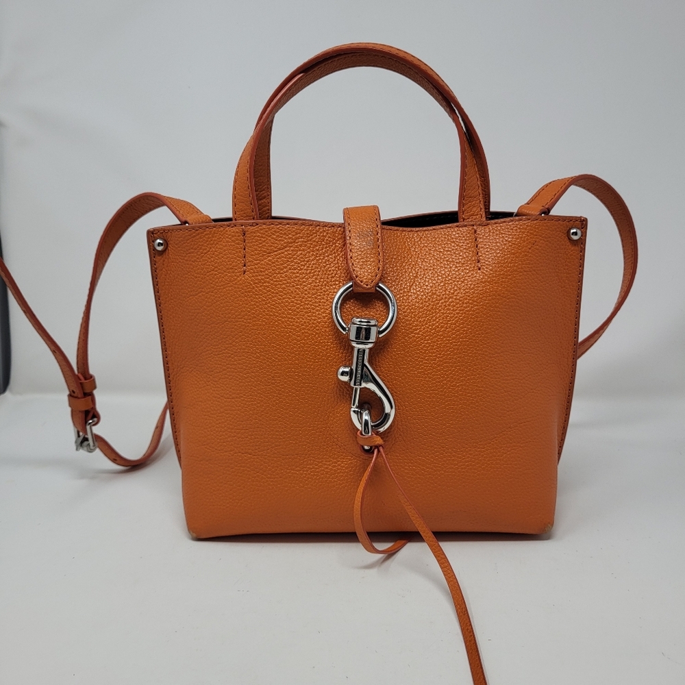 Rebecca Minkoff Megan Mini Top Handle Tote Bag Orange Silver Leather Crossbody